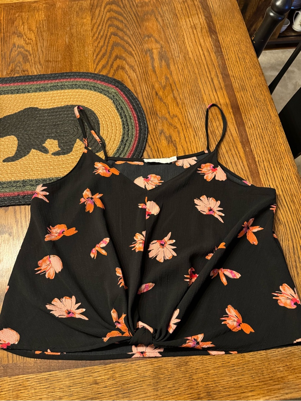 Lush Black Floral Twist-Front Cami with Pink & Orange Flowers
